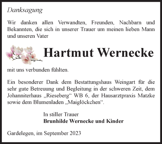Traueranzeige von Hartmut Wernecke von Volksstimme Altmark West