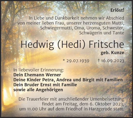 Traueranzeige von Hedwig Fritsche von Trauerkombi Quedlinburg