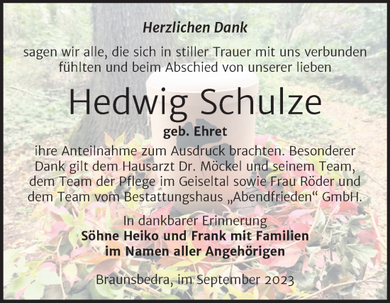 Traueranzeige von Hedwig Schulze von Trauerkombi Merseburg