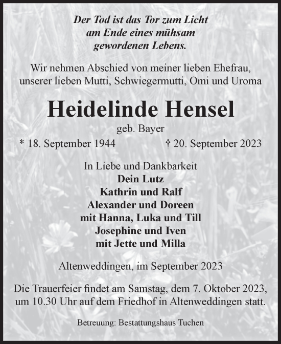 Traueranzeige von Heidelinde Hensel von Volksstimme Oschersleben/Wanzleben