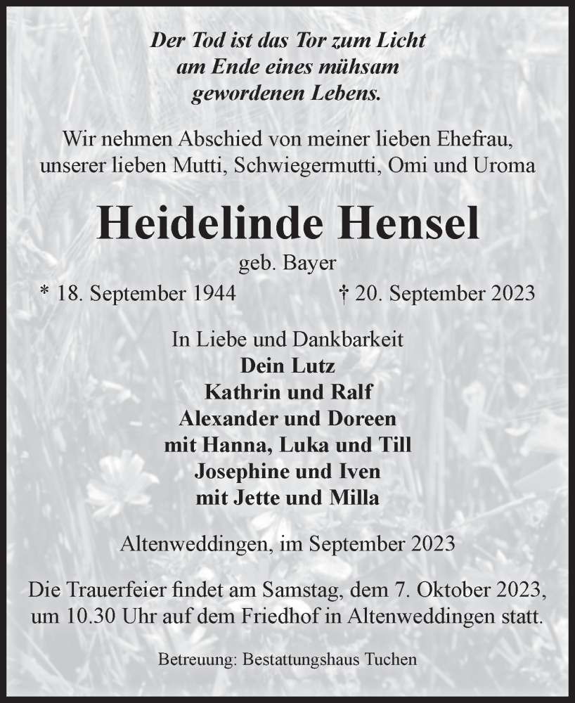  Traueranzeige für Heidelinde Hensel vom 23.09.2023 aus Volksstimme Oschersleben/Wanzleben