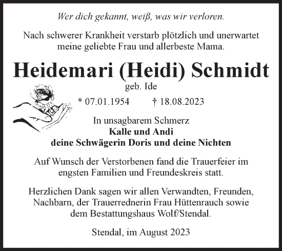 Traueranzeige von Heidemari Schmidt von Volksstimme Altmark Ost