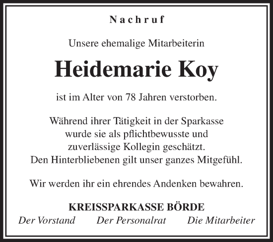 Traueranzeige von Heidemarie Koy von Volksstimme Haldensleben/Wolmirstedt