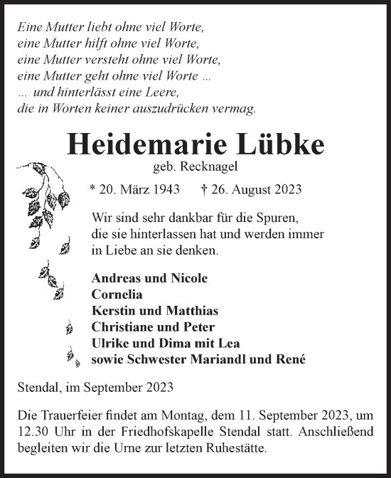 Traueranzeige von Heidemarie Lübke von Volksstimme Altmark Ost