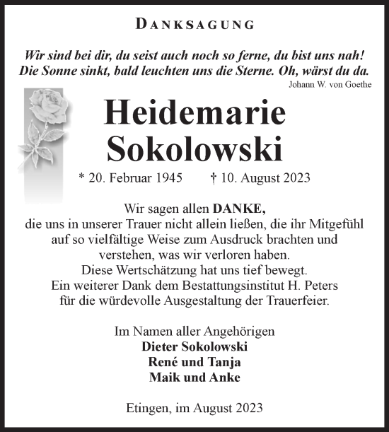 Traueranzeige von Heidemarie Sokolowski von Volksstimme Haldensleben/Wolmirstedt