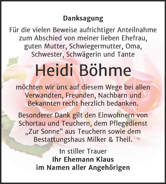 Traueranzeige von Heidi Böhme von Trauerkombi Weißenfels