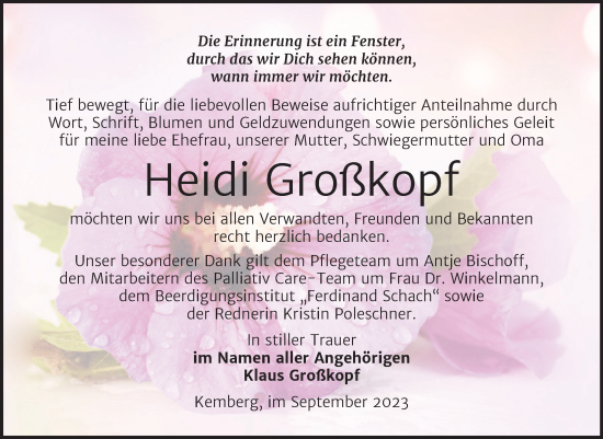 Traueranzeige von Heidi Großkopf von Trauerkombi Wittenberg