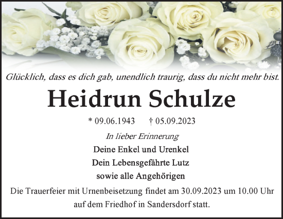 Traueranzeige von Heidrun Schulze von Trauerkombi Bitterfeld