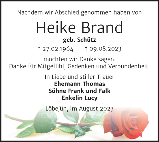Traueranzeige von Heike Brand von Trauerkombi Köthen