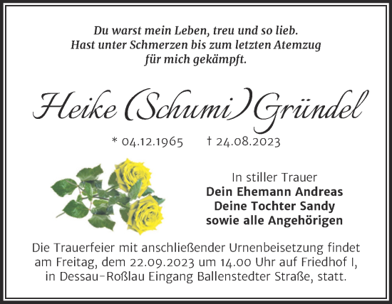Traueranzeige von Heike Gründel von Trauerkombi Dessau