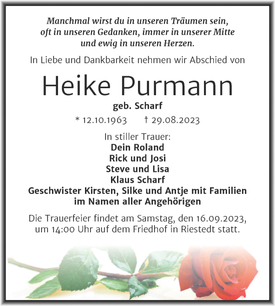 Traueranzeige von Heike Purmann von Trauerkombi Sangerhausen