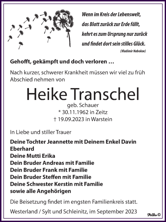 Traueranzeige von Heike Transchel von Trauerkombi Zeitz
