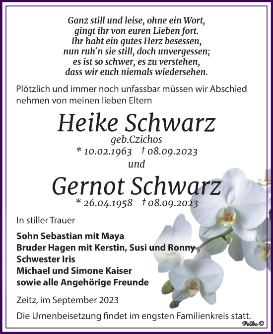 Traueranzeige von Heike und Gernot Schwarz von Trauerkombi Zeitz