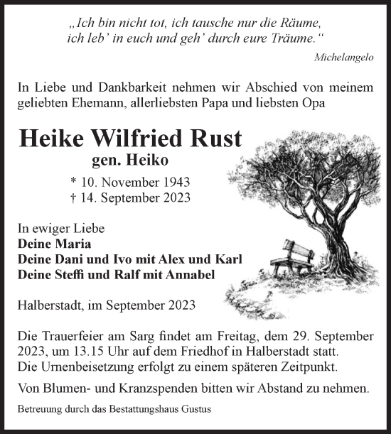 Traueranzeige von Heike Wilfried Rust von Volksstimme Halberstadt