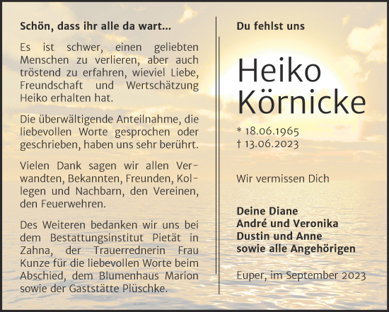 Traueranzeige von Heiko Körnicke von Trauerkombi Wittenberg