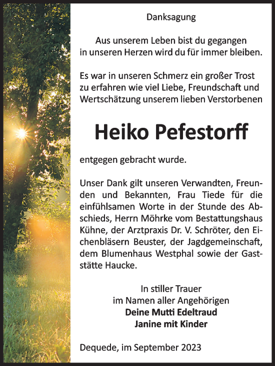 Traueranzeige von Heiko Pefestorff von Volksstimme Altmark Ost