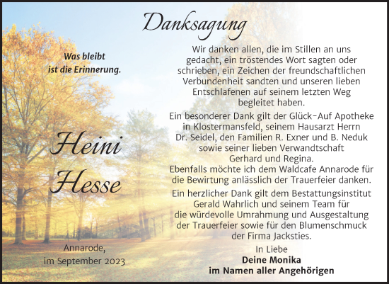 Traueranzeige von Heini Hesse von Trauerkombi Mansfelder Land