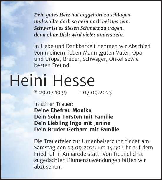 Traueranzeige von Heini Hesse von Trauerkombi Mansfelder Land