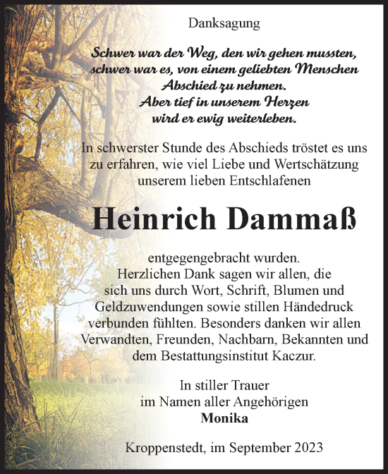 Traueranzeige von Heinrich Dammaß von Volksstimme Oschersleben/Wanzleben