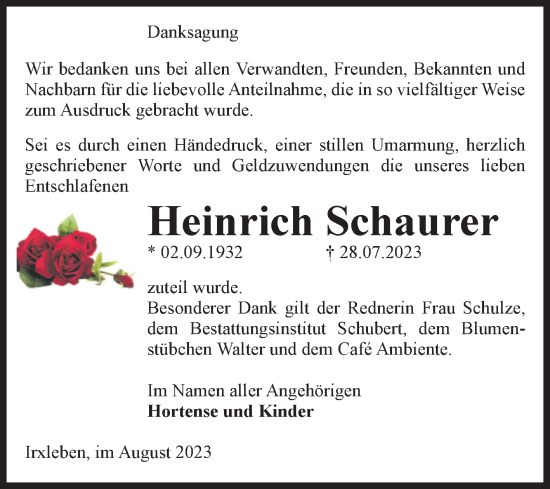 Traueranzeige von Heinrich Schaurer von Volksstimme Haldensleben/Wolmirstedt