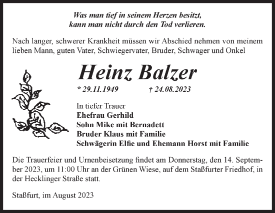 Traueranzeige von Heinz Balzer von Volksstimme Staßfurt
