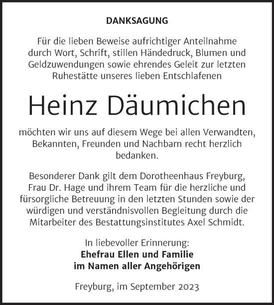 Traueranzeige von Heinz Däumichen von Wochenspiegel Naumburg/Nebra