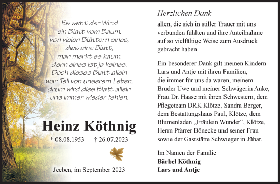 Traueranzeige von Heinz Köthnig von Volksstimme Altmark West