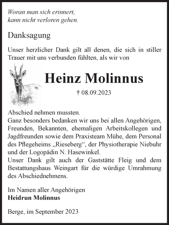 Traueranzeige von Heinz Molinnus von Volksstimme Altmark West