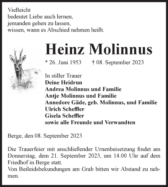 Traueranzeige von Heinz Molinnus von Volksstimme Altmark West