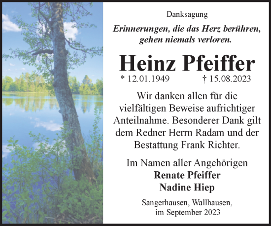 Traueranzeige von Heinz Pfeiffer von Trauerkombi Sangerhausen
