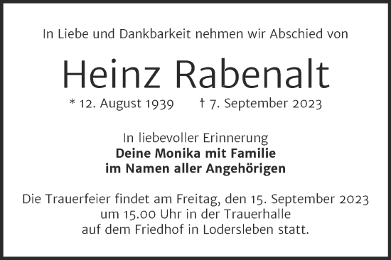 Traueranzeige von Heinz Rabenalt von Mitteldeutsche Zeitung Merseburg/Querfurt