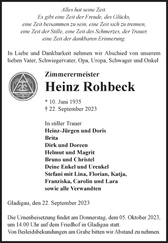 Traueranzeige von Heinz Rohbeck von Volksstimme Altmark Ost