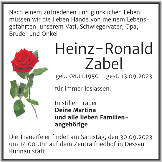 Traueranzeige von Heinz-Ronald Zabel von Trauerkombi Dessau