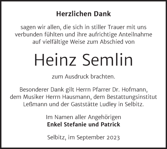 Traueranzeige von Heinz Semlin von Trauerkombi Wittenberg