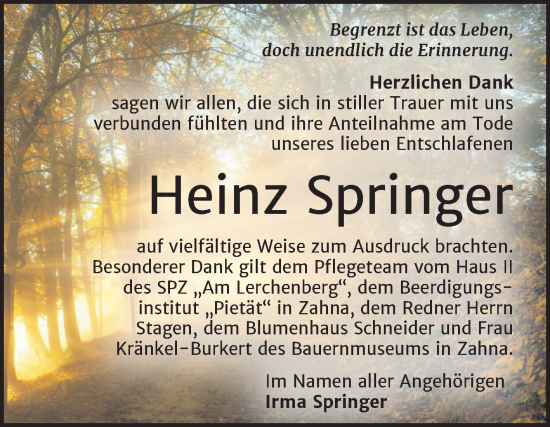 Traueranzeige von Heinz Springer von Trauerkombi Wittenberg