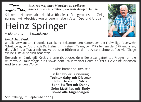 Traueranzeige von Heinz Springer von Trauerkombi Wittenberg