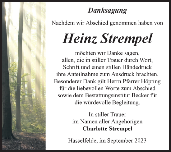 Traueranzeige von Heinz Strempel von Volksstimme Wernigerode