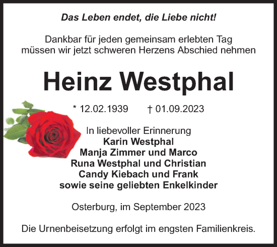 Traueranzeige von Heinz Westphal von Volksstimme Altmark Ost