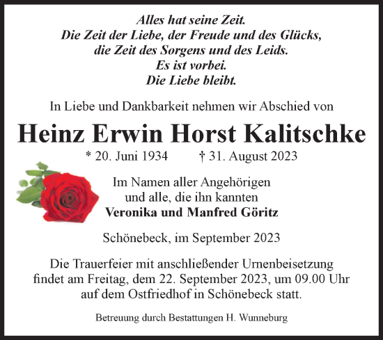 Traueranzeige von Heinz Erwin Horst Kalitschke von Volksstimme Schönebeck