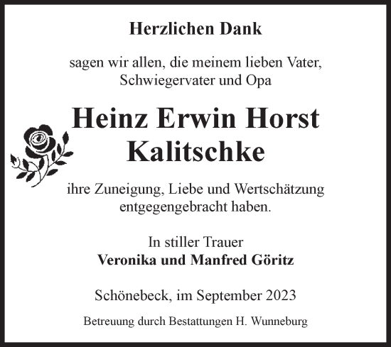 Traueranzeige von Heinz Erwin Horst Kalitschke von Volksstimme Schönebeck