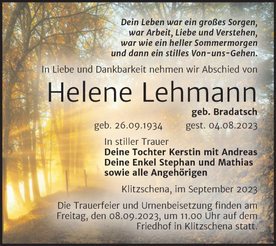 Traueranzeige von Helene Lehmann von Trauerkombi Wittenberg