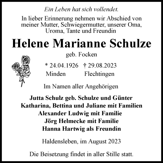 Traueranzeige von Helene Marianne Schulze von Volksstimme Haldensleben/Wolmirstedt