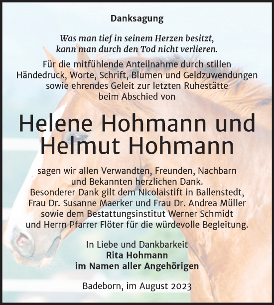 Traueranzeige von Helene und Helmut Hohmann von Trauerkombi Quedlinburg