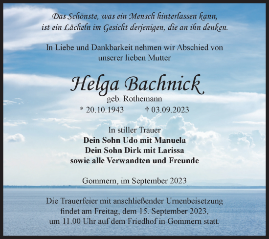 Traueranzeige von Helga Bachnick von Volksstimme Burg/Genthin