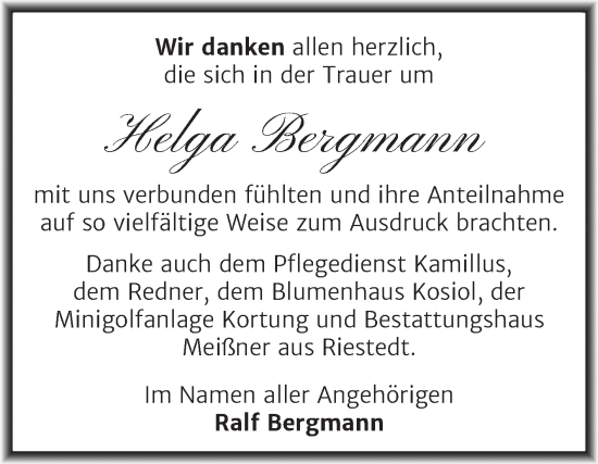 Traueranzeige von Helga Bergmann von Trauerkombi Sangerhausen