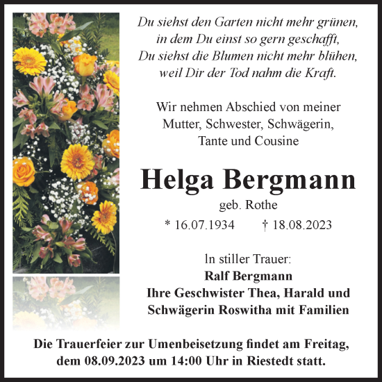 Traueranzeige von Helga Bergmann von Trauerkombi Sangerhausen