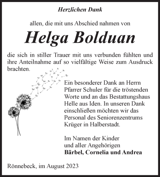 Traueranzeige von Helga Bolduan von Volksstimme Altmark Ost