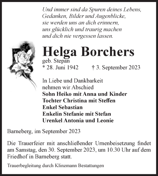 Traueranzeige von Helga Borchers von Volksstimme Oschersleben/Wanzleben