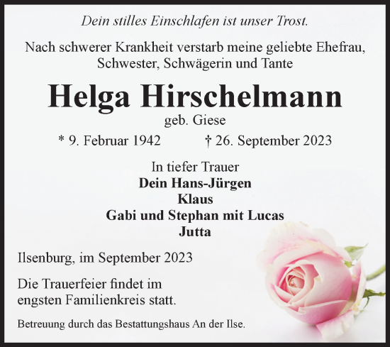 Traueranzeige von Helga Hirschelmann von Volksstimme Wernigerode