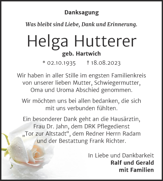 Traueranzeige von Helga Hutterer von Trauerkombi Sangerhausen